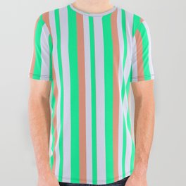 [ Thumbnail: Dark Salmon, Green & Lavender Colored Striped/Lined Pattern All Over Graphic Tee ]