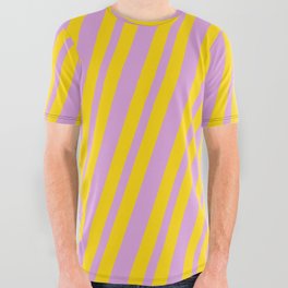[ Thumbnail: Plum & Yellow Colored Lined/Striped Pattern All Over Graphic Tee ]