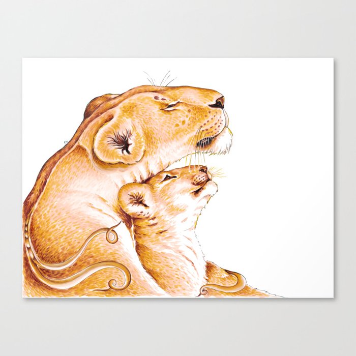 Lioness and Cub Mother's Love Ink White Art Canvas Print