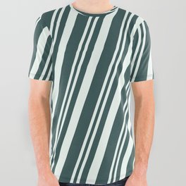 [ Thumbnail: Mint Cream & Dark Slate Gray Colored Pattern of Stripes All Over Graphic Tee ]