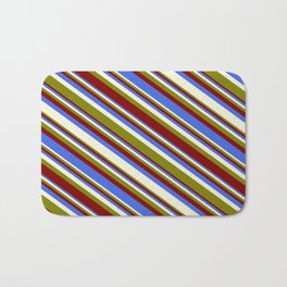 [ Thumbnail: Green, Maroon, Royal Blue, and Beige Colored Stripes/Lines Pattern Bath Mat ]