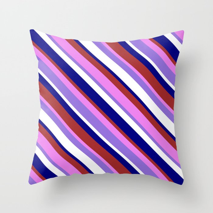 Colorful Blue, Brown, Violet, Purple & White Colored Striped Pattern Throw Pillow