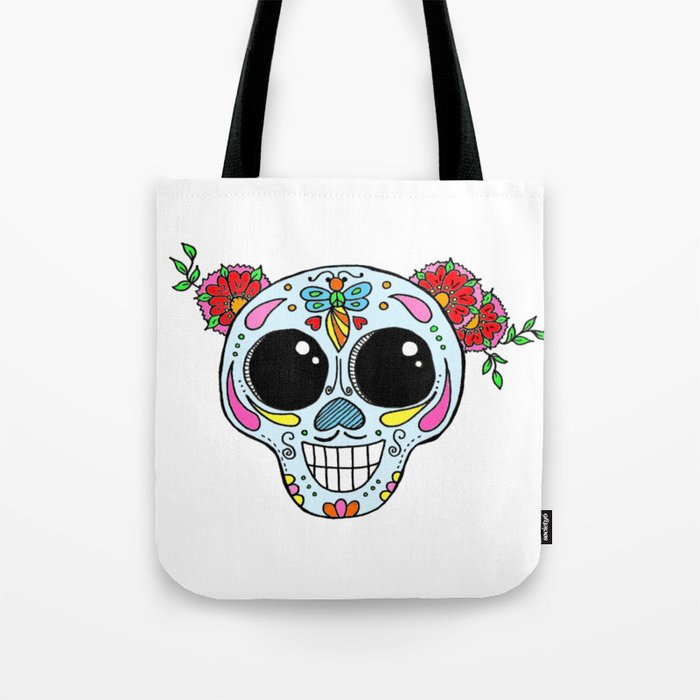 Sugar skull with flowers and bee Tote Bag