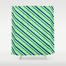 [ Thumbnail: Green & Dark Blue Colored Striped/Lined Pattern Shower Curtain ]