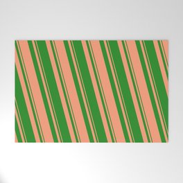 [ Thumbnail: Forest Green & Light Salmon Colored Lined/Striped Pattern Welcome Mat ]
