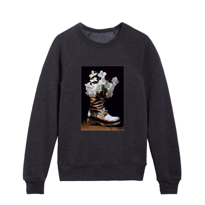 White Flowers In Old Military Boot Kids Crewneck