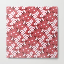 Sakura on red background Metal Print | Flowers, Leaves, Asia, Vector, Asian, Cherryblossom, Japan, White, Patterns, Pink 