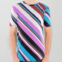 [ Thumbnail: Deep Sky Blue, Brown, White, Violet, and Black Colored Striped/Lined Pattern All Over Graphic Tee ]
