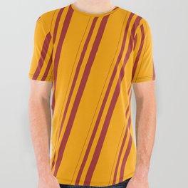 [ Thumbnail: Brown & Orange Colored Pattern of Stripes All Over Graphic Tee ]