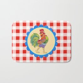 Rise and Shine Rooster Bath Mat | Country, Kitchen, Rustic, Kitschy, Redandwhite, Fifties, Retro, Rainbow, Rooster, Illustration 