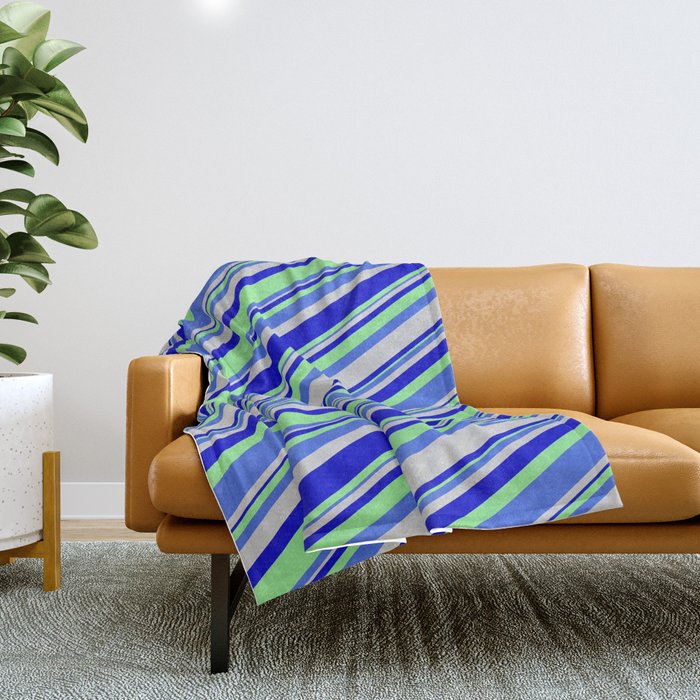 Light Green, Royal Blue, Light Grey, and Blue Colored Lines Pattern Throw Blanket