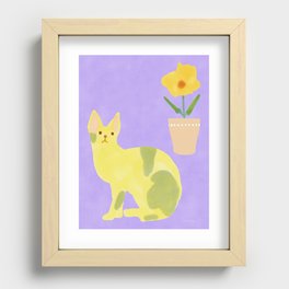 Cat and Okra Flower in Pot - Yellow and Purple Recessed Framed Print