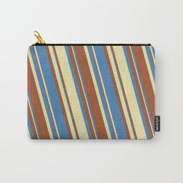[ Thumbnail: Blue, Pale Goldenrod, and Sienna Colored Stripes/Lines Pattern Carry-All Pouch ]