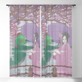 Japanese Geisha And Landscape With Cherry Blossom Tree  Sheer Curtain
