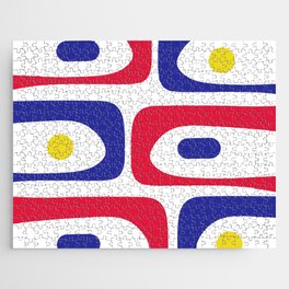 Mid Century Modern Piquet Minimalist Abstract Pattern in Red, Navy Blue, Yellow, and White Jigsaw Puzzle
