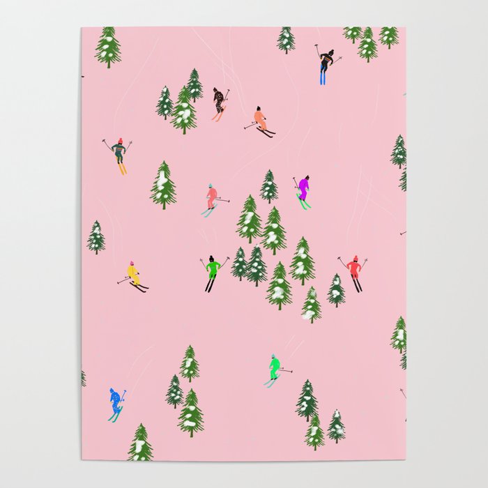 Pink retro skiers illustration - snow what fun down the ski slopes Poster