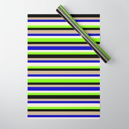 [ Thumbnail: Tan, Blue, Beige, Green, and Black Colored Striped Pattern Wrapping Paper ]