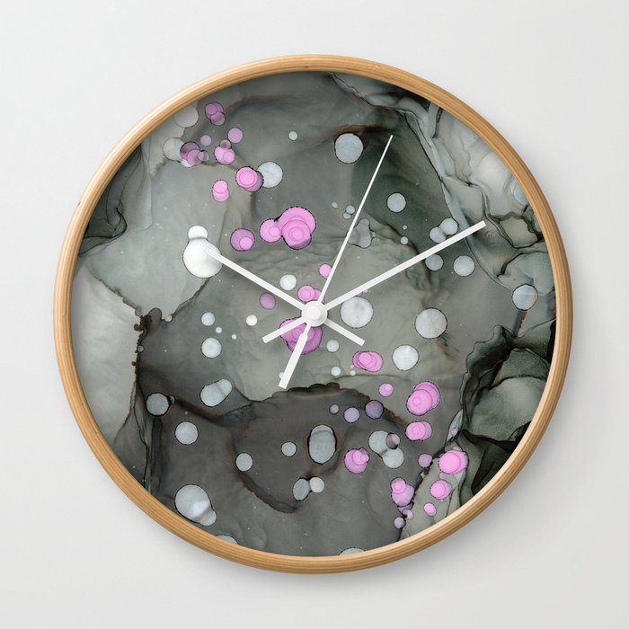 Charcoal with Pink dots Abstract 32622 Modern Alcohol Ink Painting by Herzart Wall Clock