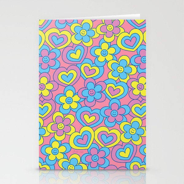 Happy Daisy and Heart Pattern, Vibrant Colors, Blue, Yellow, Pink Stationery Cards