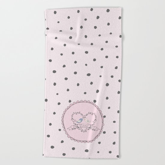 Birds Love- Typography and grey dots on pink backround Beach Towel