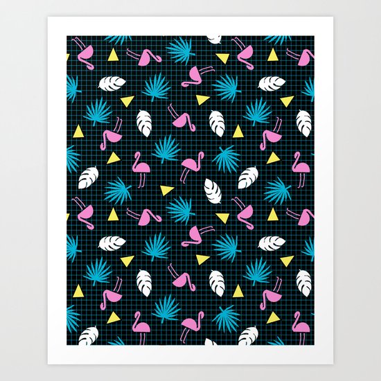 Sketchy - memphis wacka design throwback neon 1980s 80s style retro pattern grid flamingo tropical Art Print