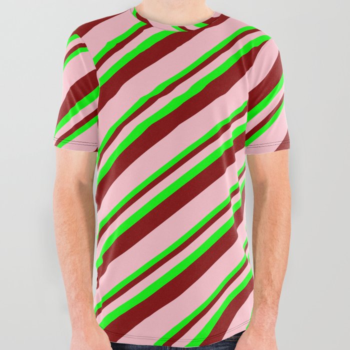 Lime, Maroon, and Pink Colored Stripes/Lines Pattern All Over Graphic Tee