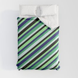[ Thumbnail: Eyecatching Sea Green, Light Cyan, Black, Green, and Midnight Blue Colored Striped/Lined Pattern Comforter ]