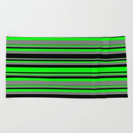 [ Thumbnail: Lime, Gray, and Black Colored Striped/Lined Pattern Beach Towel ]