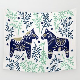 Swedish Dala Horse – Navy & Mint Palette Wall Tapestry