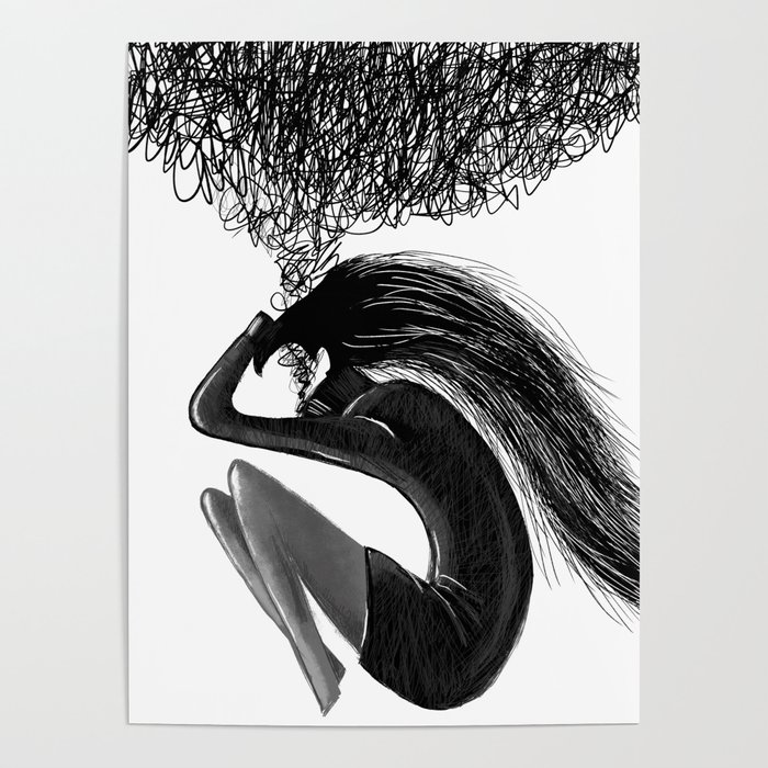 Disturbing  thoughts of a young girl digital art black and white graphics Poster