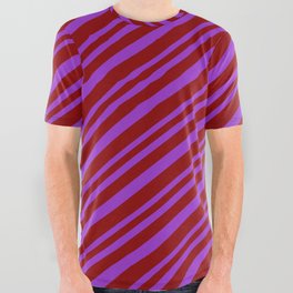 [ Thumbnail: Dark Orchid & Dark Red Colored Lines Pattern All Over Graphic Tee ]