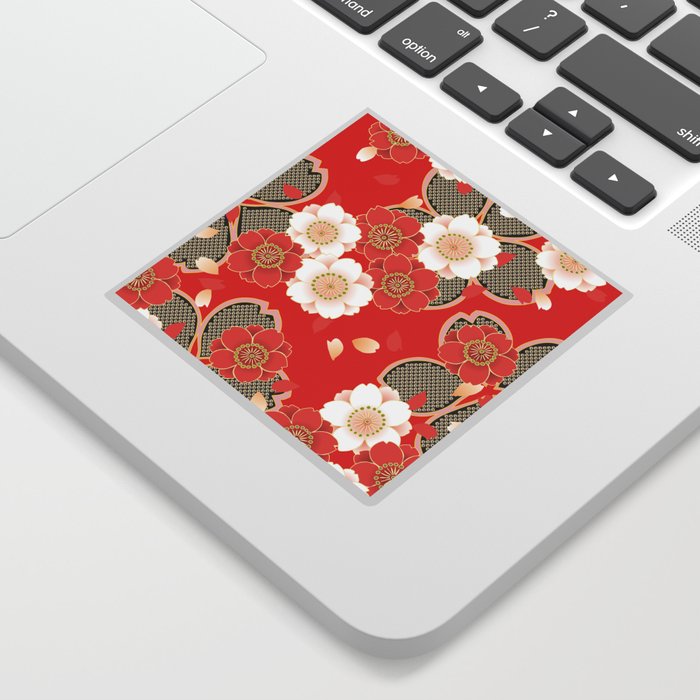 Japanese Vintage Red Black White Floral Kimono Pattern Sticker