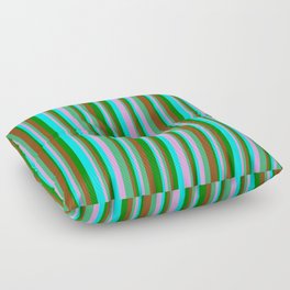 [ Thumbnail: Eye-catching Brown, Green, Cyan, Plum, and Sea Green Colored Stripes Pattern Floor Pillow ]