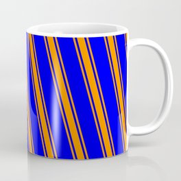 [ Thumbnail: Blue and Dark Orange Colored Lined/Striped Pattern Coffee Mug ]