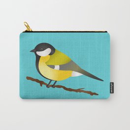 Cute Little Yellow Bird Parus Major Cartoon Illustration On Blue Carry-All Pouch