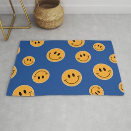 Yellow Smiley Face On Blue Rug