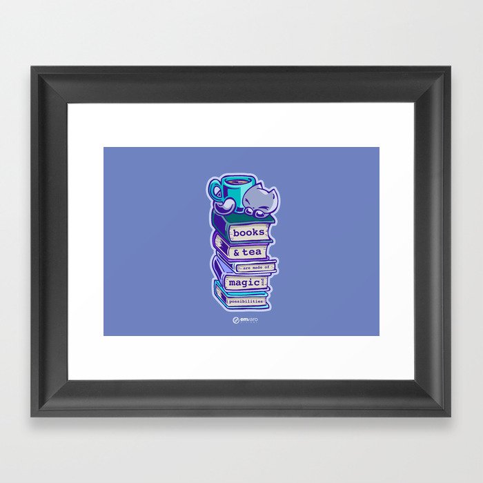 Cat Bookstack Tea Framed Art Print