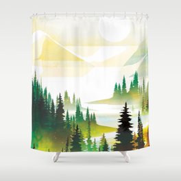 Sunrise above the pine forest lake 2 Shower Curtain