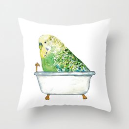 Budgie green taking bath Painting Wall Poster Watercolor Throw Pillow