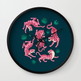 Night Race: Pink Tiger Edition Wall Clock | Tropical, Mid Century, Art, Tiger, Fierce, Animal, Summer, Cats, Cheetah, Graphicdesign 