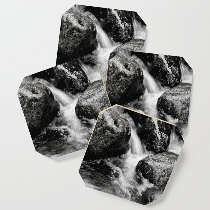 Tumbling Cascading Waters of the Scottish Highlands in Black and White Coaster