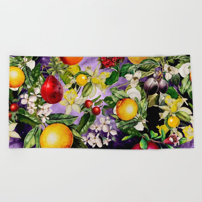 Trendy Blooming citrus fruits paradise, orange botanical pattern, purple background Beach Towel