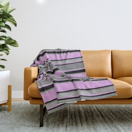 [ Thumbnail: Plum, Black, Gray, and Dark Grey Colored Striped/Lined Pattern Throw Blanket ]