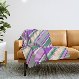 [ Thumbnail: Colorful Dark Orchid, Bisque, Dark Gray, Sea Green & Plum Colored Lines Pattern Throw Blanket ]