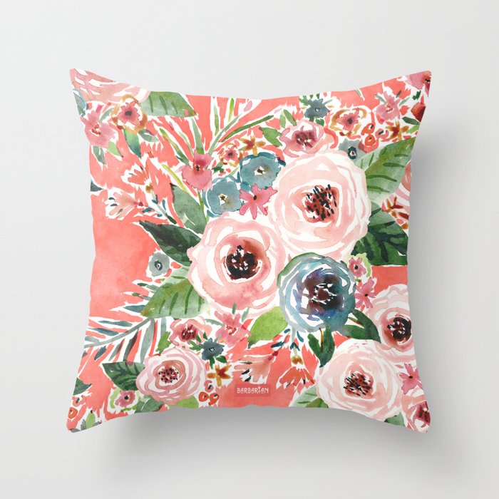 GONE FLORAL Coral Rose Print Throw Pillow