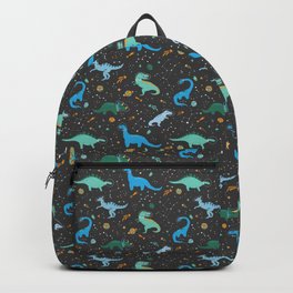 Dinosaurs in Space in Blue Backpack | Stegosaurus, Planet, Dinosaurnursery, Brontosaurus, Lathe And Quill, Outerspace, Trex, Space, Bluedinosaur, Graphicdesign 