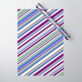 [ Thumbnail: Colorful Light Grey, Dark Sea Green, Royal Blue, Light Yellow & Purple Colored Lined/Striped Pattern Wrapping Paper ]