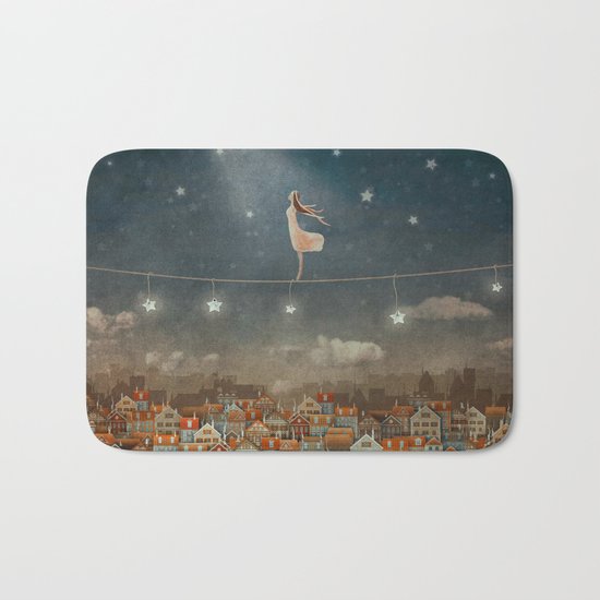 Illustration of cute houses and pretty girl in night sky Bath Mat