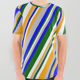 [ Thumbnail: Eyecatching Grey, Blue, Dark Green, White, and Orange Colored Stripes/Lines Pattern All Over Graphic Tee ]