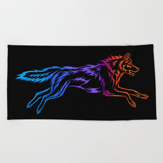 Colorful Tribal Running Wolf Beach Towel